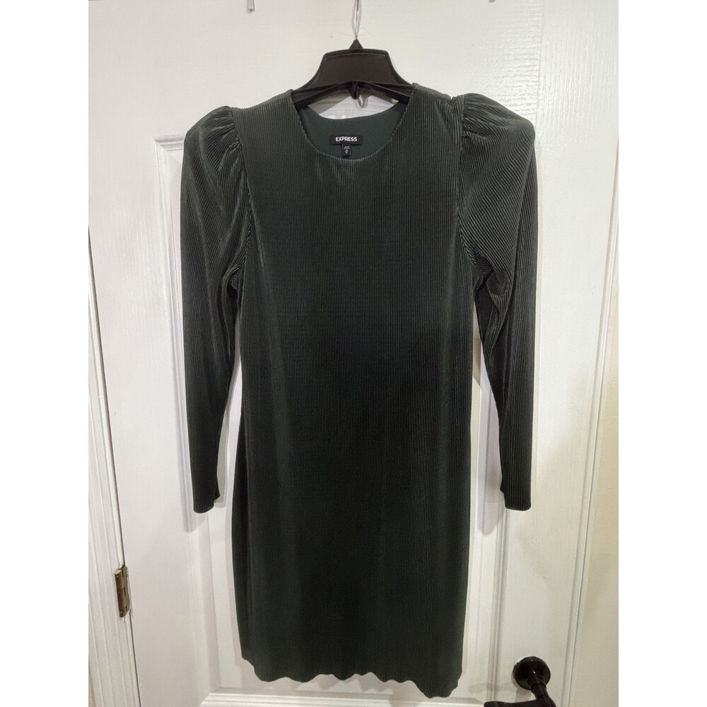 Express Velvet Pleated Puff Sleeve Sheath Dress Dark Green Knee Length M